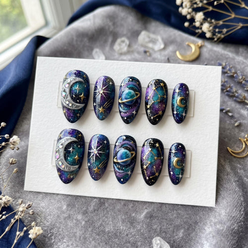 Celestial Galaxy Press on Nails | Luxury Deep Purple & Teal Milky Way Fake Nails | Handpainted Moon and Stars 3D Saturn 