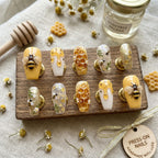 Honeybee Press On Nails 3D Honeycomb Designs, Yellow Gold Glitter Fake Nails, Kawaii Bumble Bee Nail Art, Handmade Drip 