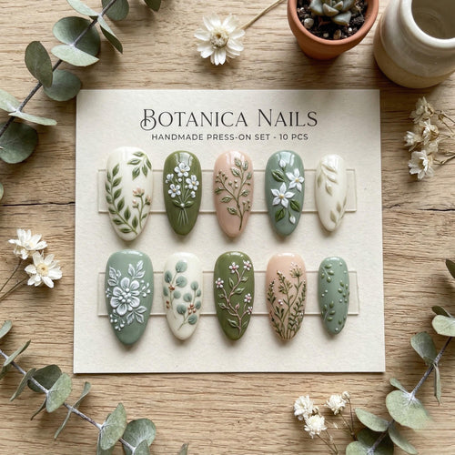 Botanica Floral Press On Nails | 3D Raised Gel Leaf and Flower Nails | Sage Green &Olive Nature Fake Nails | Elegant Her
