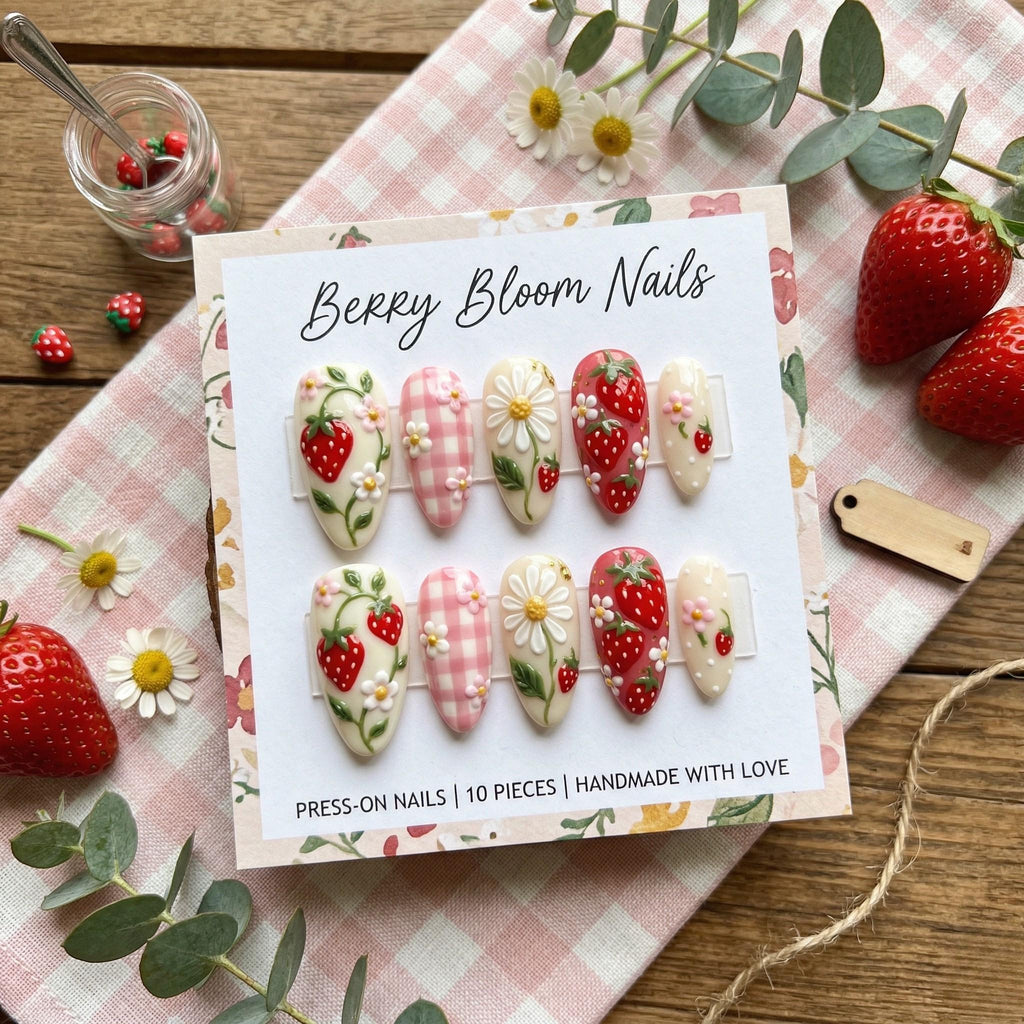 Strawberry Press On Nails - Cute 3D Fruit and Floral False Nails - Handmade Pink Gingham Gingham Daisy Glue On Nails - G