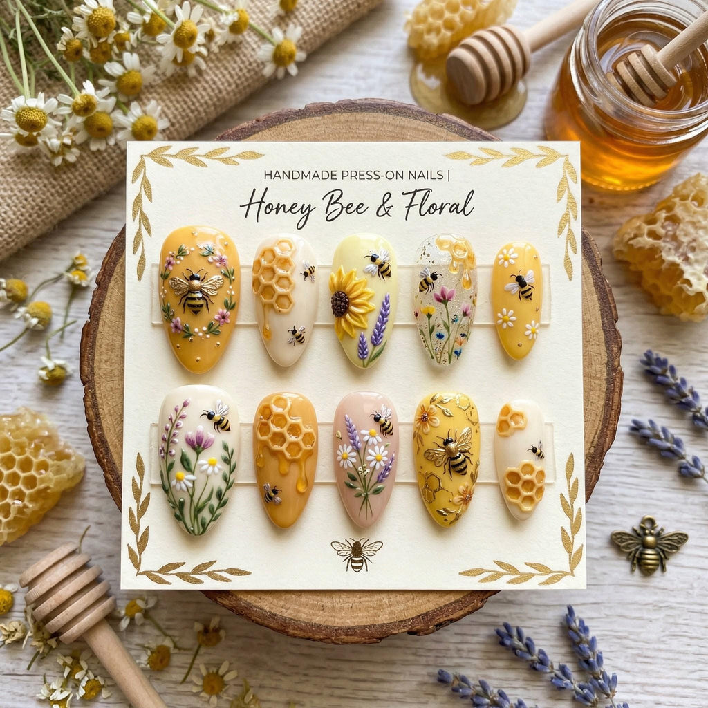 Honey Bee Press On Nails - 3D Honeycomb and Sunflower False Nails - Handmade Floral Daisy Glue On Nails - Botanical Wild