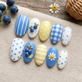 Blueberry Lemon Press On Nails | 3D Fruit & Gingham Fake Nails | Blue and Yellow Picnic Aesthetic Nails | Handpainted Da