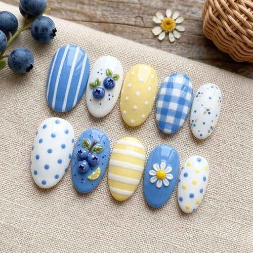 Blueberry Lemon Press On Nails | 3D Fruit & Gingham Fake Nails | Blue and Yellow Picnic Aesthetic Nails | Handpainted Da