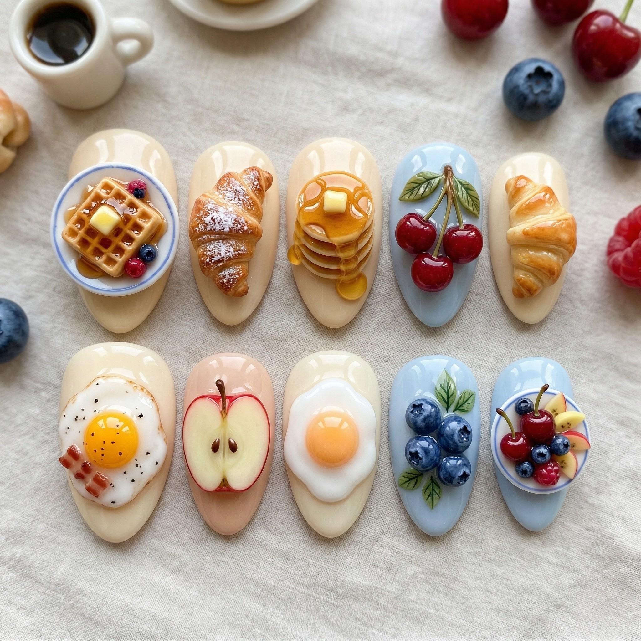 Kawaii Breakfast Press On Nails - Handmade 3D Food Nail Art - Cute Custom 3D Gel Nails - Unique Foodie Gift for Her