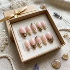 Gold Leopard Print French Tip Press on Nails | Trendy Cheetah & Polka Dot Fake Nails | Luxury Nude Almond Nails with Gol