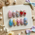 Jelly Pink Strawberry French Tip Press on Nails | Cute 3D Fruit & Ribbon Nails | Kawaii Soft Girl Aesthetic Nails | Hand