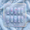 Y2K Blue Ombre Press on Nails with Silver Chrome Flames | Cybercore Butterfly & Heart Nails | Frosted Matte Luxury Nails