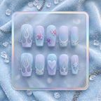 Y2K Blue Ombre Press on Nails with Silver Chrome Flames | Cybercore Butterfly & Heart Nails | Frosted Matte Luxury Nails