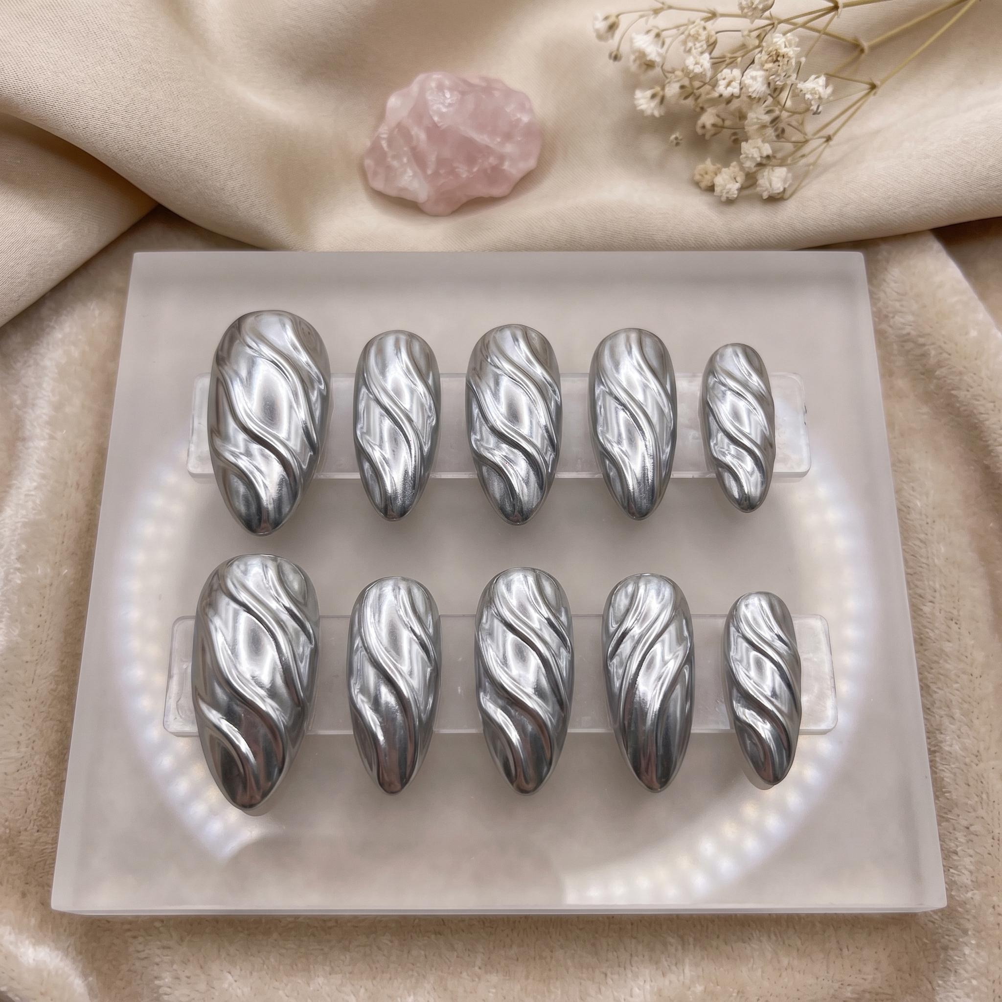 Luxury Silver Chrome Liquid Metal Press on Nails | 3D Sculpted Cyberpunk Fake Nails | Futuristic Metallic Almond Nails |