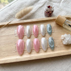 Elegant Pearl Chrome & Cat Eye Press on Nails | Minimalist Aurora Pink And White Fake Nails | Shimmering Velvet Blue Cus