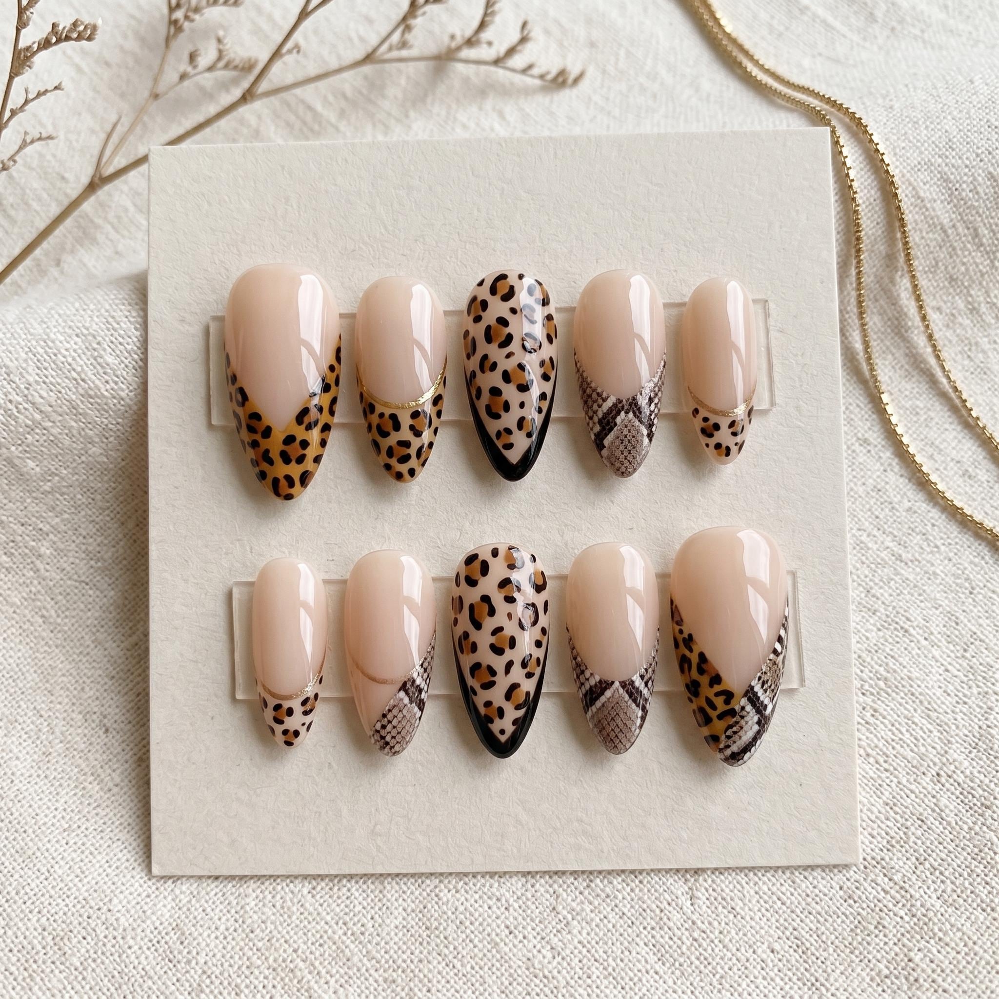 Mixed Animal Print French Tip Press on Nails | Leopard & Snakeskin Aesthetic Nails | Luxury Gold Detail Almond Fake Nail