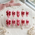 Red Bow & Pink Press on Nails | Luxury 3D Coquette Aesthetic Nails | Pearl And Lace Ribbon Custom Nails | Handmade Roman