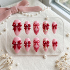 Red Bow & Pink Press on Nails | Luxury 3D Coquette Aesthetic Nails | Pearl And Lace Ribbon Custom Nails | Handmade Roman