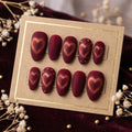Luxury Burgundy Heart Cat Eye Press on Nails | Velvet Red Matte Nails with Gold Foil | Romantic Gothic Heart Nails | Han