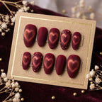 Luxury Burgundy Heart Cat Eye Press on Nails | Velvet Red Matte Nails with Gold Foil | Romantic Gothic Heart Nails | Han