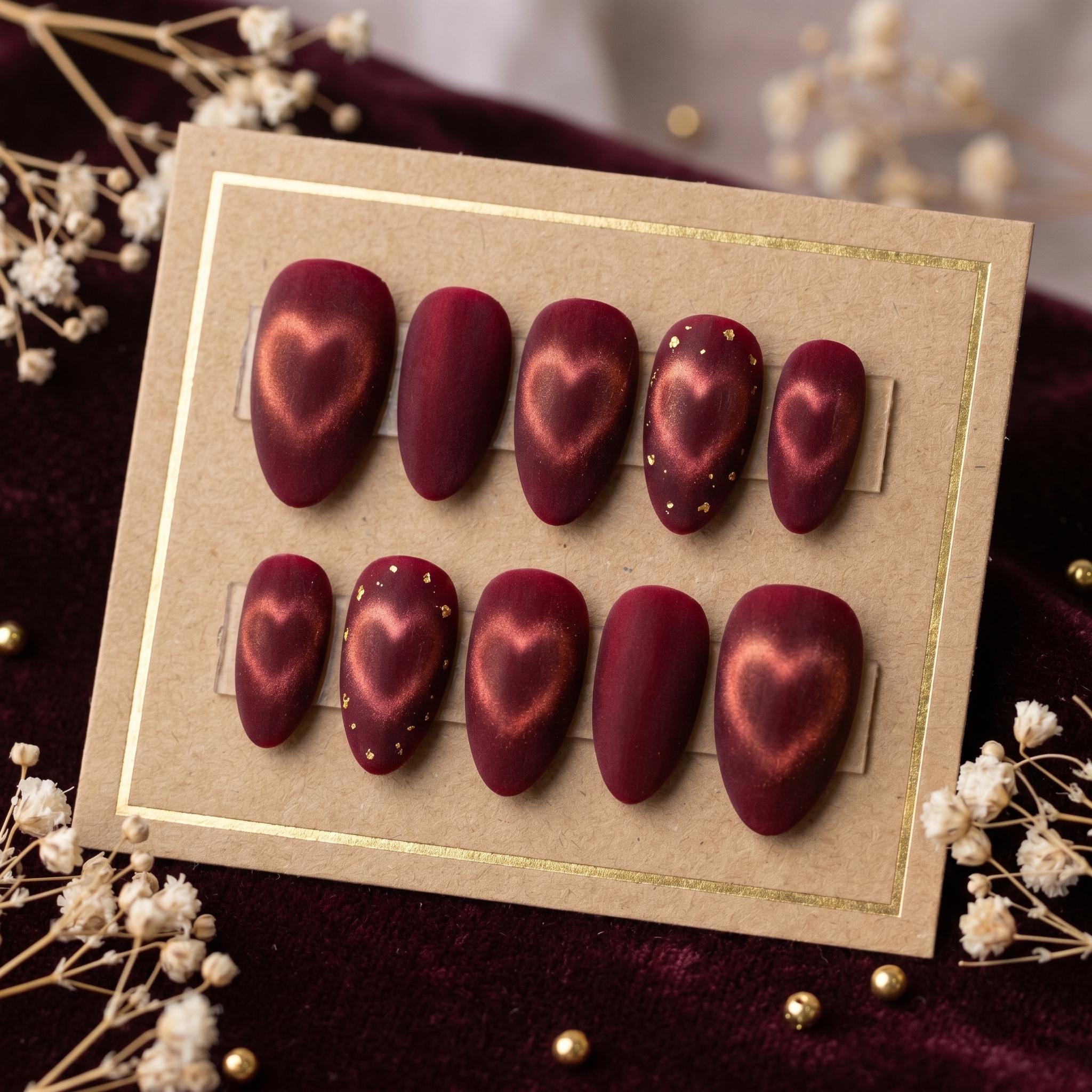 Luxury Burgundy Heart Cat Eye Press on Nails | Velvet Red Matte Nails with Gold Foil | Romantic Gothic Heart Nails | Han