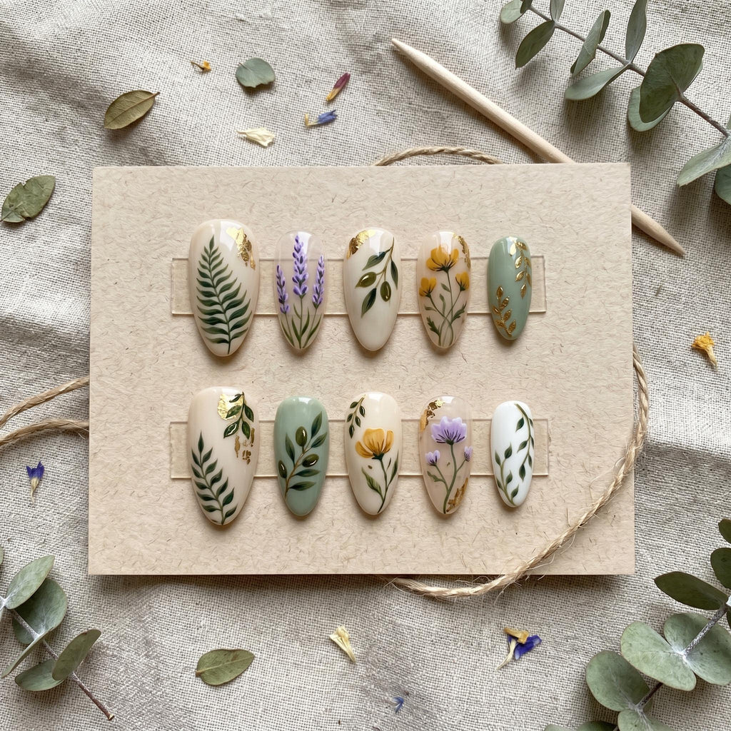Hand Painted Botanical Press On Nails | Wildflower Nail Art with Gold Leaf | Floral Sage Green Nails | Nature Inspired C
