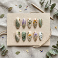 Hand Painted Botanical Press On Nails | Wildflower Nail Art with Gold Leaf | Floral Sage Green Nails | Nature Inspired C