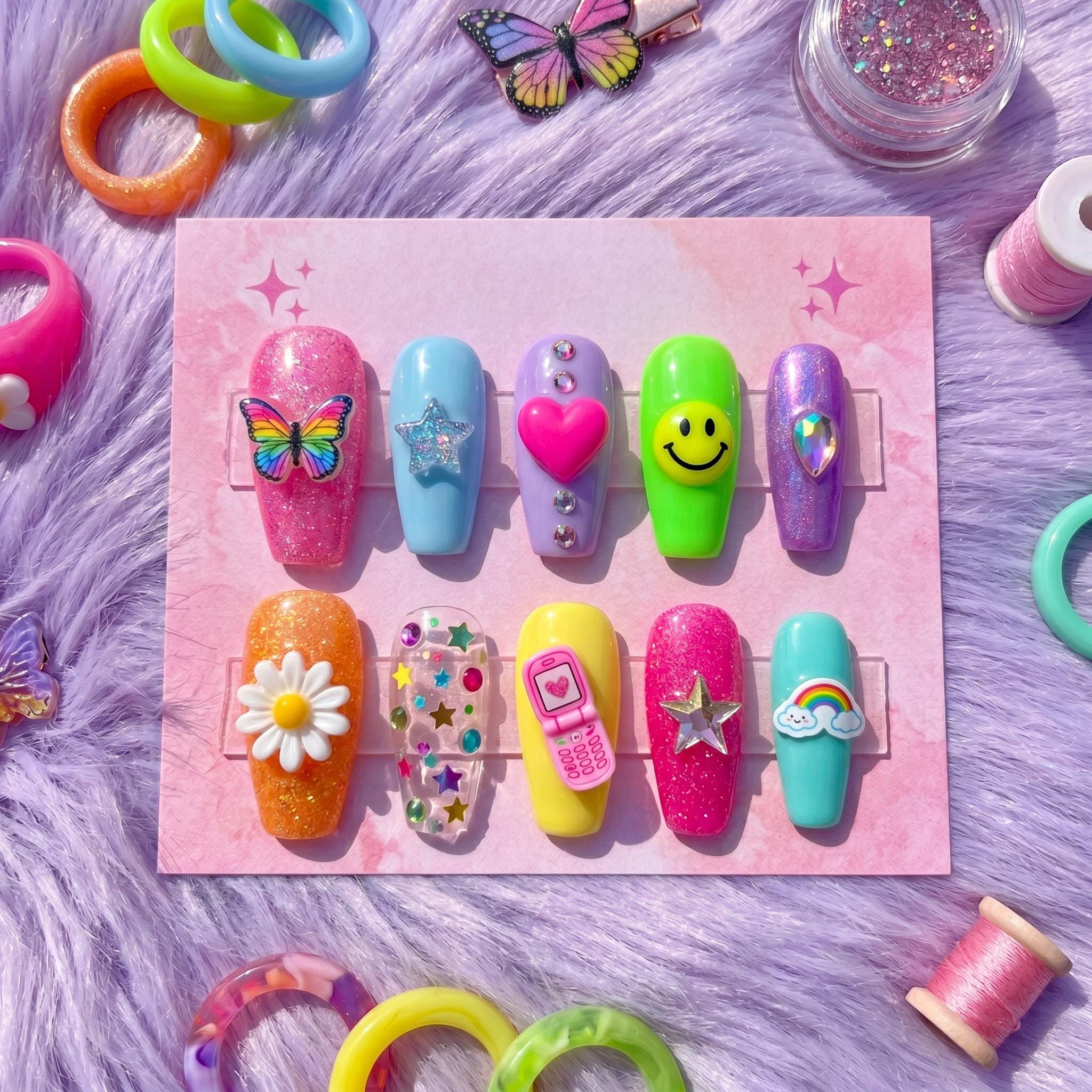 Y2K Vibe Hand-Painted Coffin Press-On Nails Set | 3D Kawaii Charm, Rainbow Butterfly, Smiley, Clear Star Bling | Reusabl
