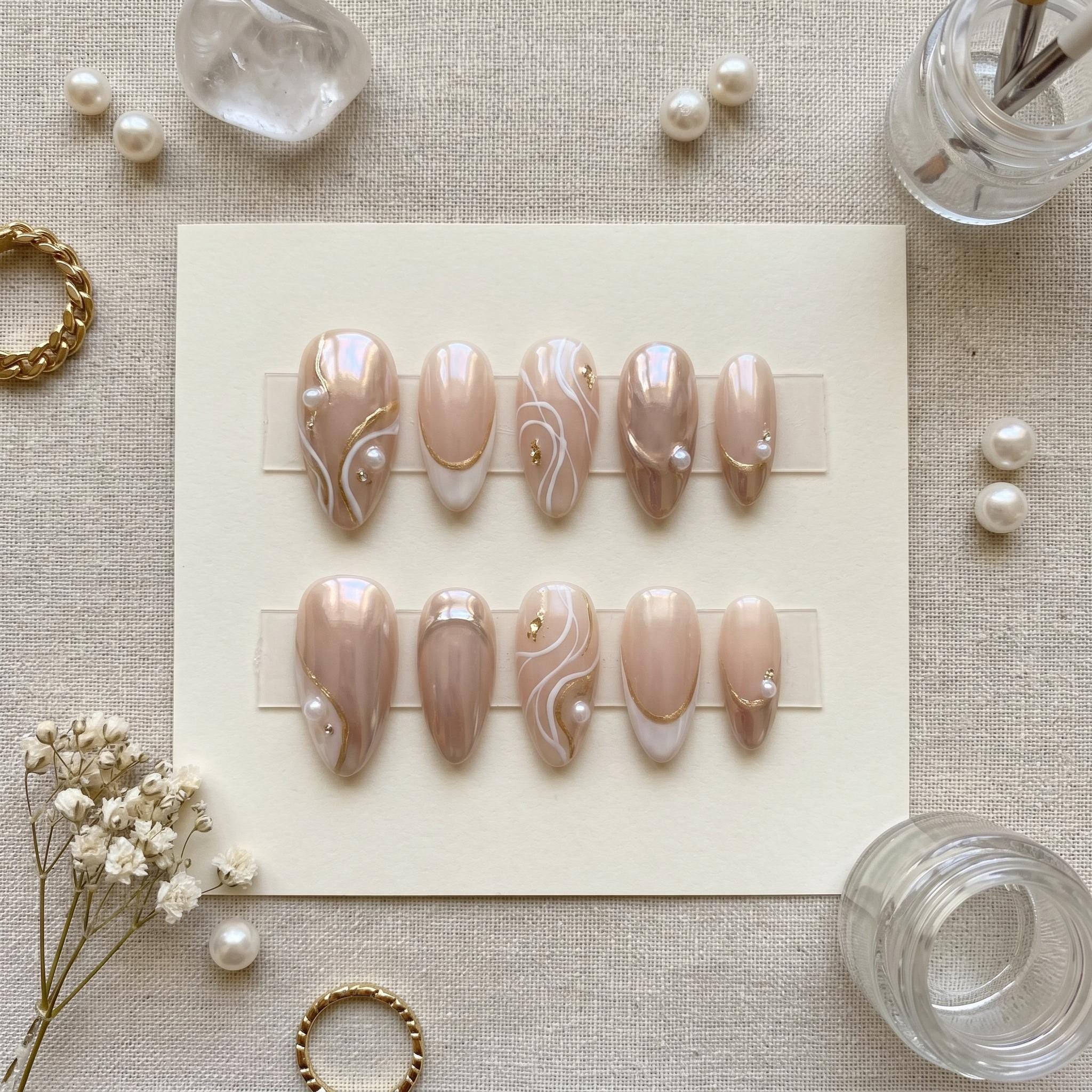 Pearl & Glazed Donut Press On Nails | Iridescent Chrome Nude Nails | Elegant Bridal Wedding Nails | Classy Handmade Nail