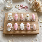 Pink & White Coquette Press On Nails | 3D Bows And Pearl Aesthetic False Nails | Elegant Shabby Chic Rose Nail Art | Gif