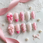 Luxury Coquette Press On Nails | Hand Painted Vintage Rose & Lace Nails | 3D Pink Bow And Pearl False Nails | Shabby Chi