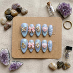 Celestial Coquette Press On Nails | Periwinkle Velvet Cat Eye Nails | 3D Pink Bows & Pearl Heart Nails | Butterfly And M