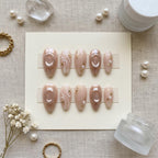 Luxury Pearl Chrome Press On Nails | 3D Liquid Metal Orbital Detail False Nails | Elegant Nude & Gold Leaf Reusable Nail