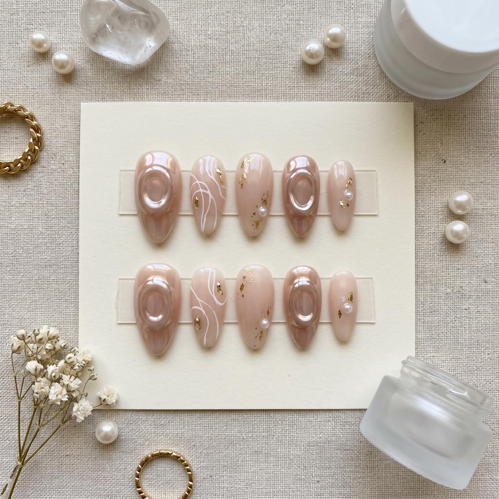 Luxury Pearl Chrome Press On Nails | 3D Liquid Metal Orbital Detail False Nails | Elegant Nude & Gold Leaf Reusable Nail