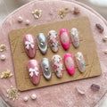 Luxury Hot Pink & Silver Press On Nails | 3D White Bow And Heart Detail False Nails | Hand Painted Floral And Butterfly 