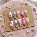 Luxury Hot Pink & Silver Press On Nails | 3D White Bow And Heart Detail False Nails | Hand Painted Floral And Butterfly 