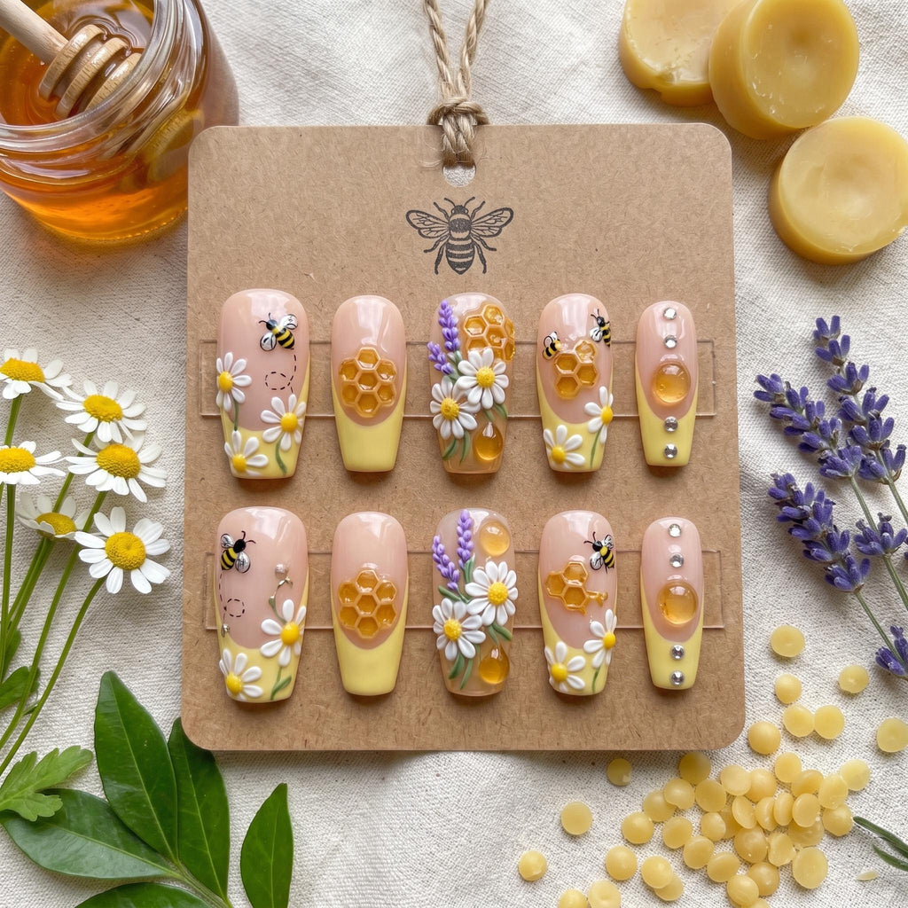 3D Honey Bee Press On Nails | Luxury Honeycomb & Dripping Amber False Nails | Hand Painted Lavender And Daisy Floral Nai