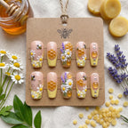 3D Honey Bee Press On Nails | Luxury Honeycomb & Dripping Amber False Nails | Hand Painted Lavender And Daisy Floral Nai