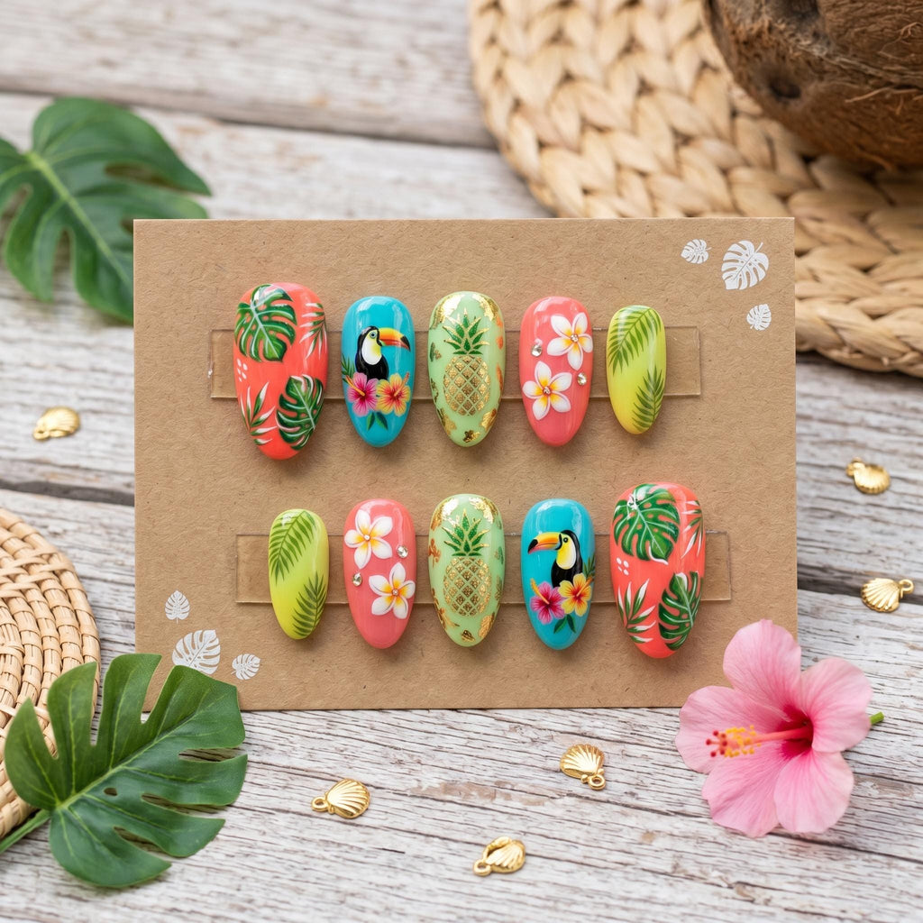 Tropical Summer Press On Nails | Hand Painted Toucan & Pineapple False Nails | Hibiscus Floral And Monstera Leaf Nails |