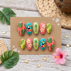 Tropical Summer Press On Nails | Hand Painted Toucan & Pineapple False Nails | Hibiscus Floral And Monstera Leaf Nails |