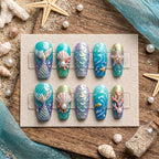 Luxury Mermaidcore Press On Nails | 3D Iridescent Fish Scale & Shell False Nails | Ocean Blue Sea Star And Coral Nails |