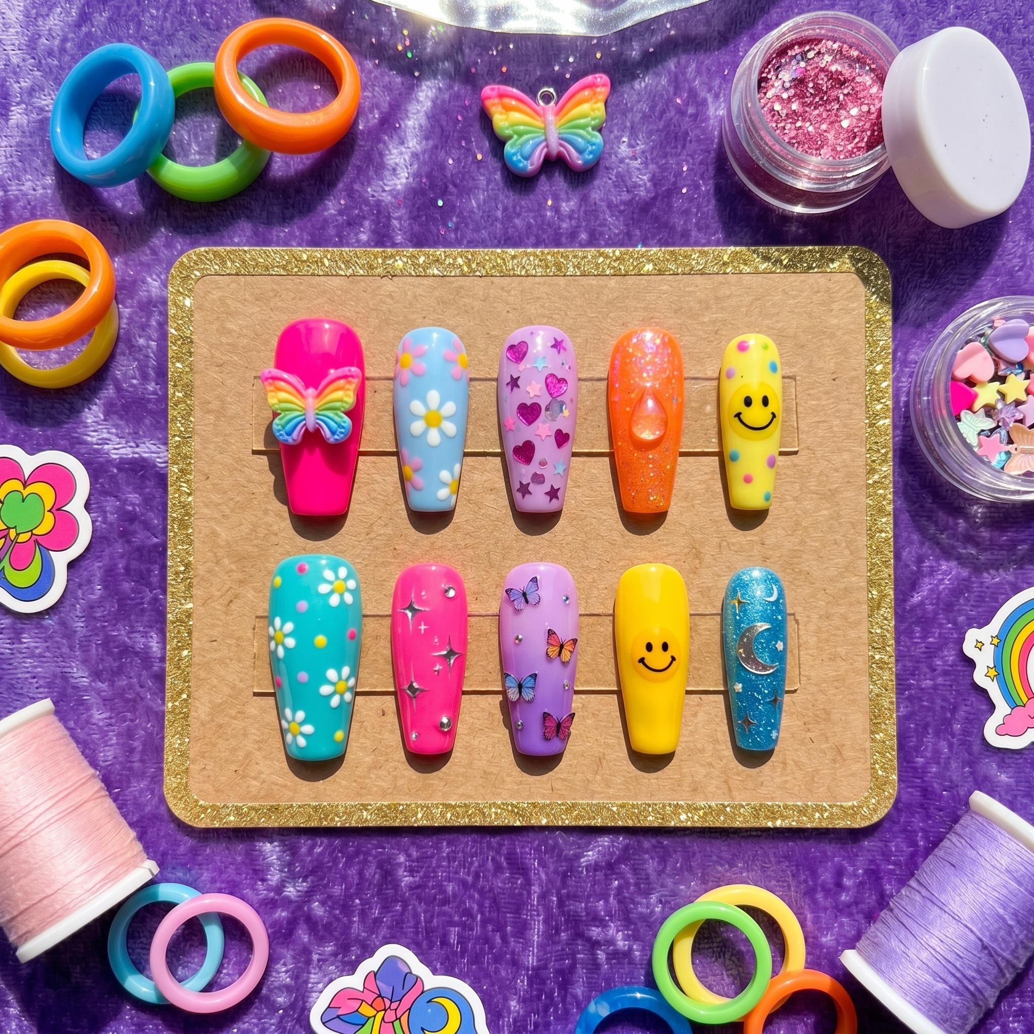 Y2K Retro Kidcore Press On Nails | Vibrant Rainbow Butterfly & Smiley Face Nails | 90s Aesthetic Colorful False Nails | 
