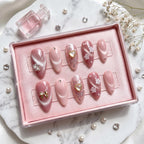 Pink Cat Eye Press On Nails | Romantic Heart & Pearl False Nails | 3D White Flower And Gold Bow Nails | Shimmering Velve