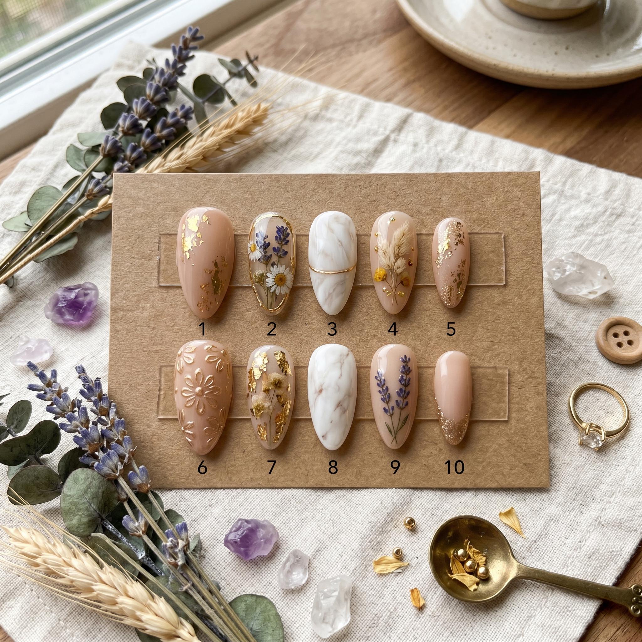 Dried Flower Press On Nails - Real Lavender & Daisy Floral Fake Nails, Gold Foil Marble Art Design, 3D Gel Relief Flower