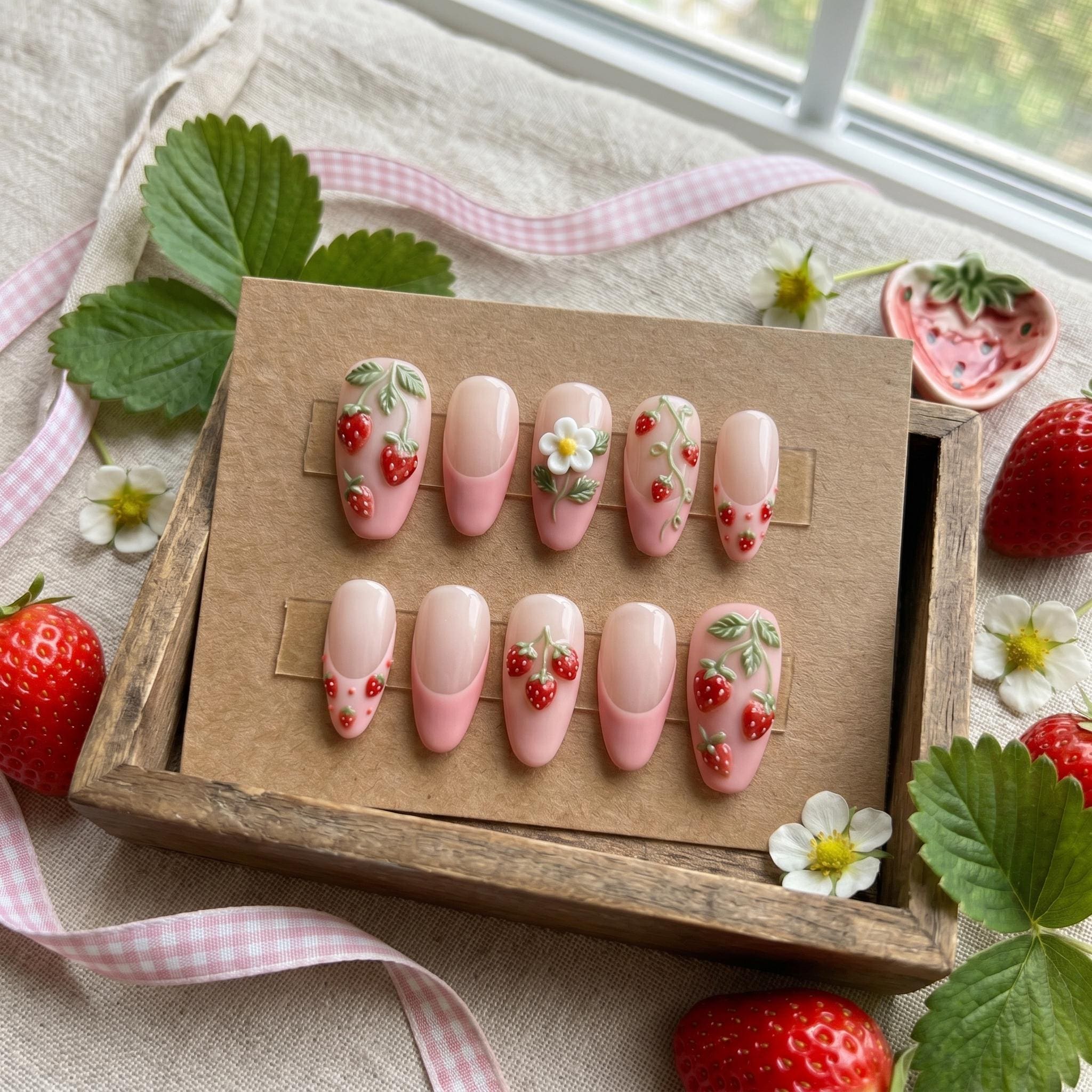 Strawberry French Tip Press on Nails with 3D Fruit Art | Cute Pink Cottagecore Nails | Handmade Summer Berry Fake Nails 