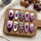 Luxury 3D Grape Press on Nails with Gold Foil | Purple Vineyard Aesthetic Nails | Handpainted Fruit Art Fake Nails | Gif