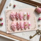Pink Coquette Press on Nails with 3D Bows & Lace Art | Romantic Rose Gold Glitter Nails | Pearl Dollette Aesthetic Nails