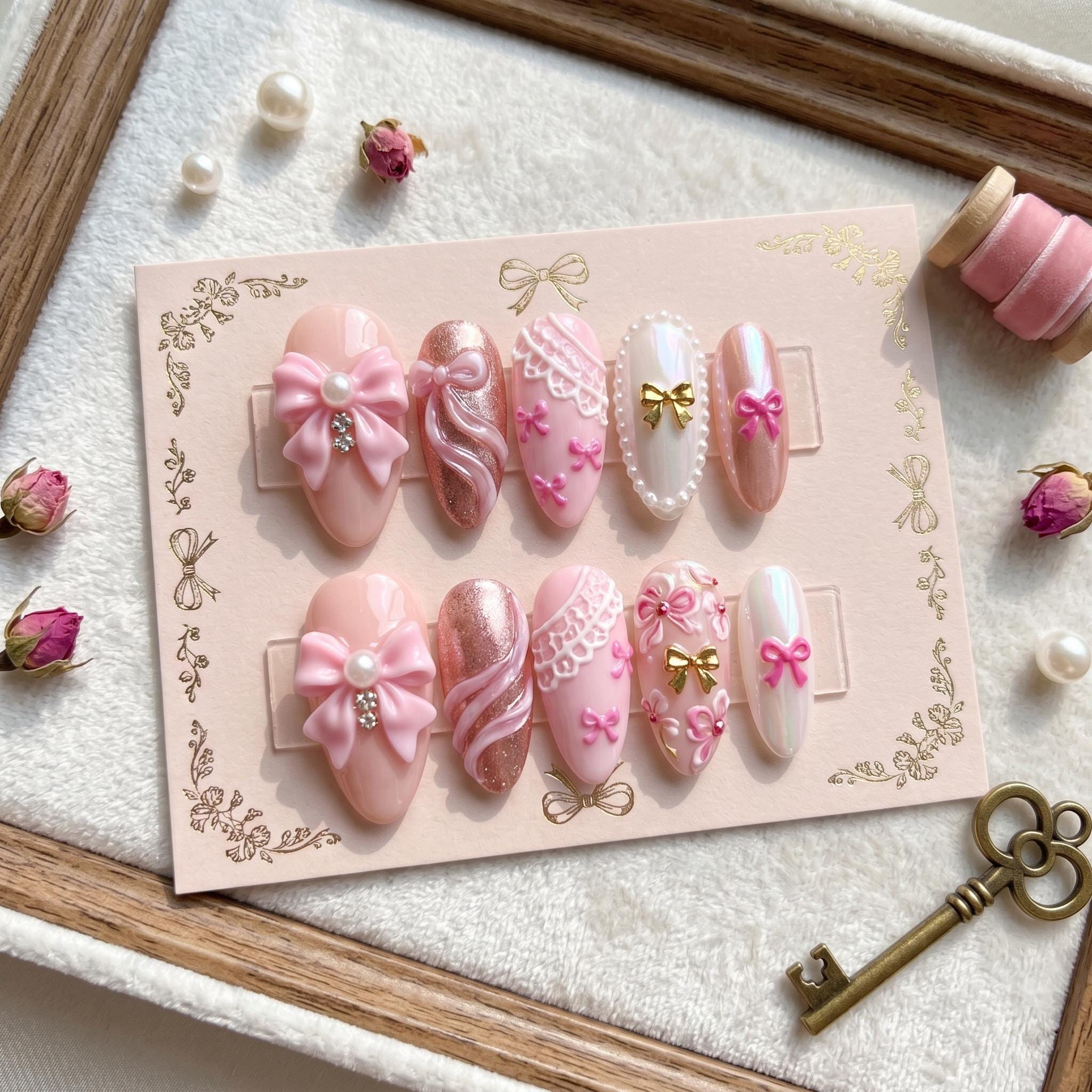 Pink Coquette Press on Nails with 3D Bows & Lace Art | Romantic Rose Gold Glitter Nails | Pearl Dollette Aesthetic Nails
