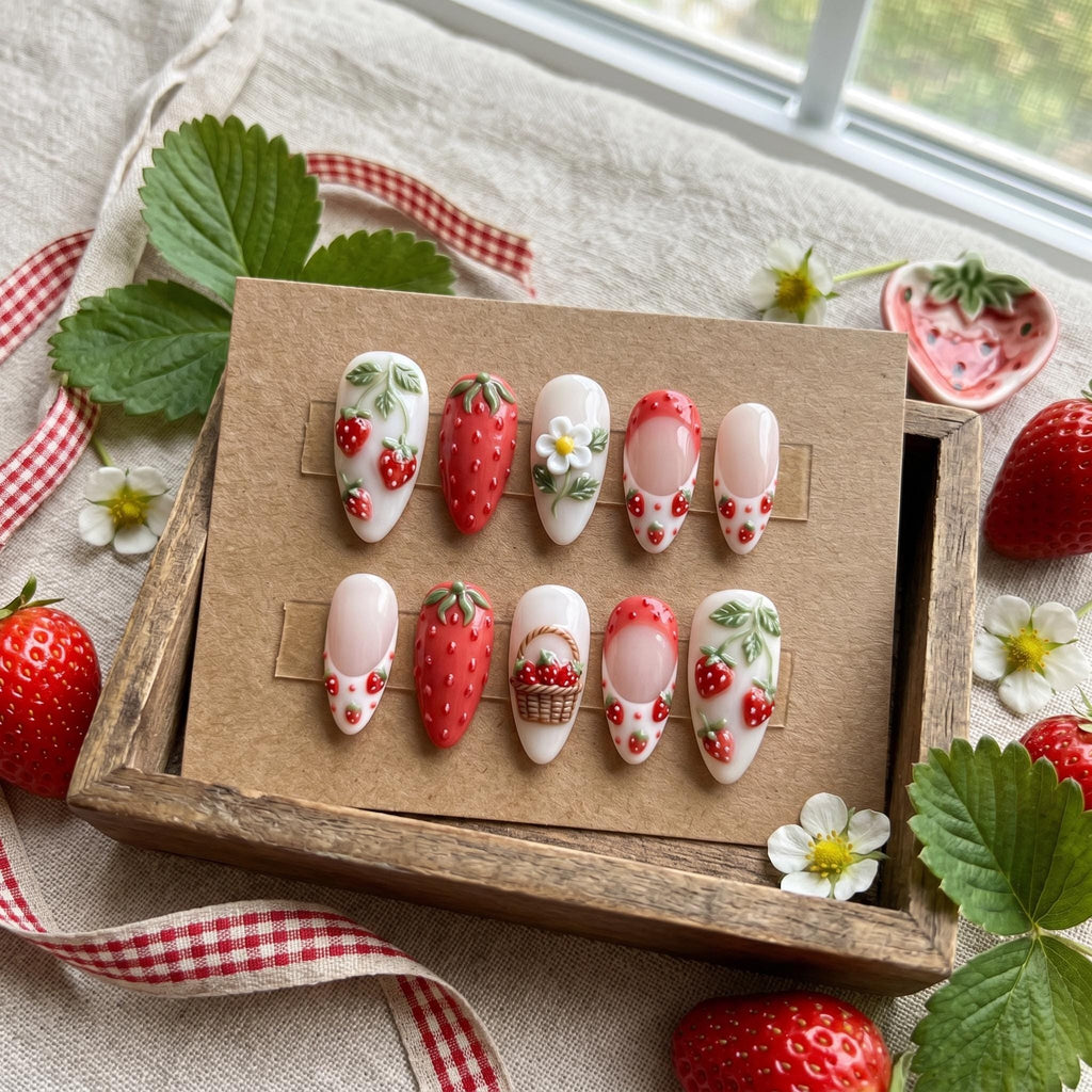 Luxury 3D Strawberry Press on Nails | Red Fruit Garden Picnic Nails | Handmade Cottagecore Strawberry Basket Nails | Gif