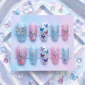 Y2K Blue & Pink Pastel Press on Nails with Silver Flames | Cybercore Butterfly And Star Fake Nails | Trendy Chrome Heart