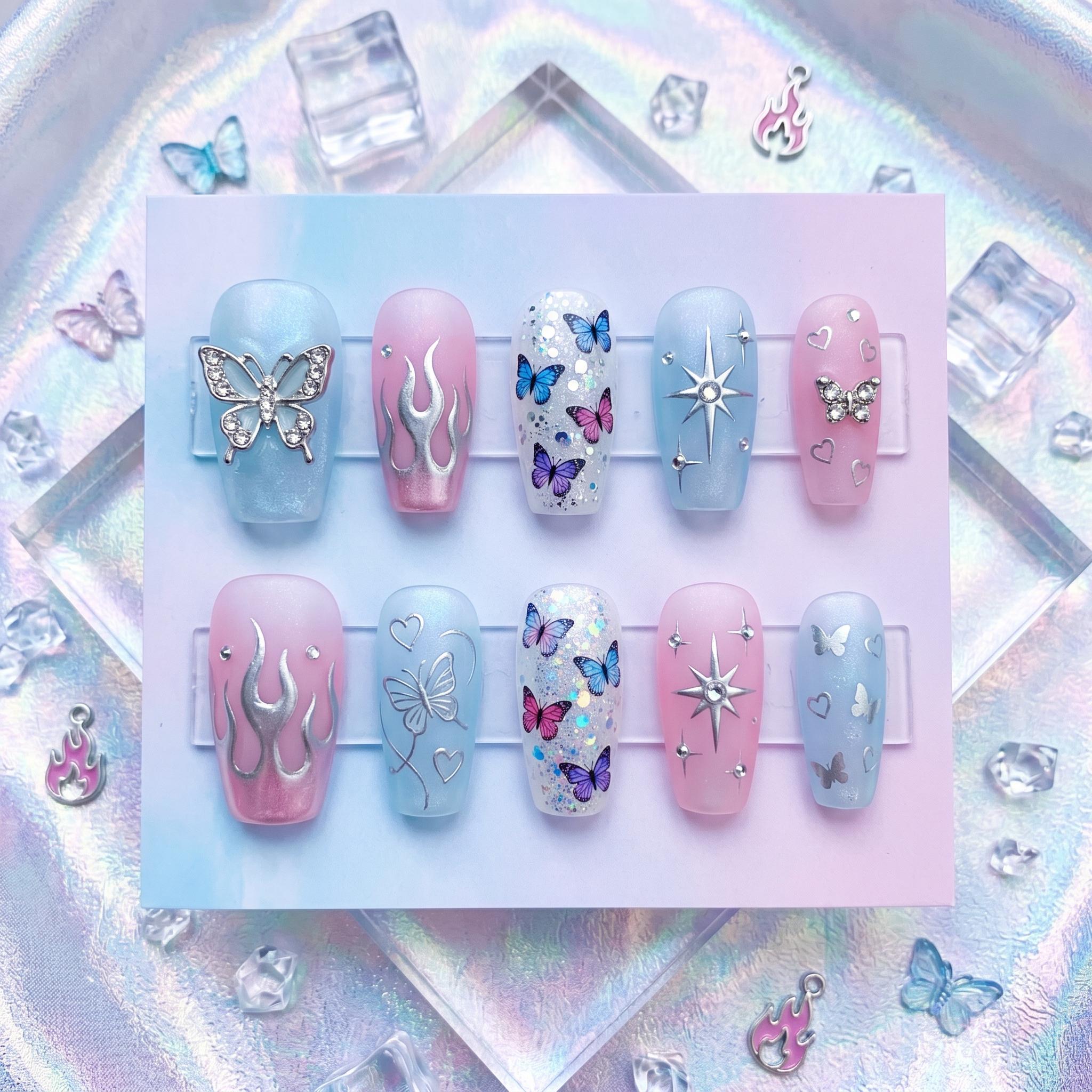Y2K Blue & Pink Pastel Press on Nails with Silver Flames | Cybercore Butterfly And Star Fake Nails | Trendy Chrome Heart