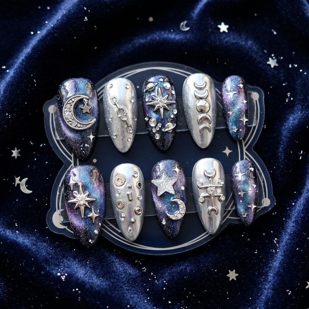 Luxury Galaxy Celestial Press on Nails | 3D Silver Moon & Star Steampunk Nails | Dark Blue Cat Eye Astrology Fake Nails 