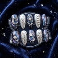 Luxury Galaxy Celestial Press on Nails | 3D Silver Moon & Star Steampunk Nails | Dark Blue Cat Eye Astrology Fake Nails 
