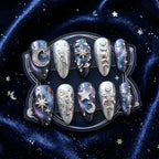 Luxury Galaxy Celestial Press on Nails | 3D Silver Moon & Star Steampunk Nails | Dark Blue Cat Eye Astrology Fake Nails 
