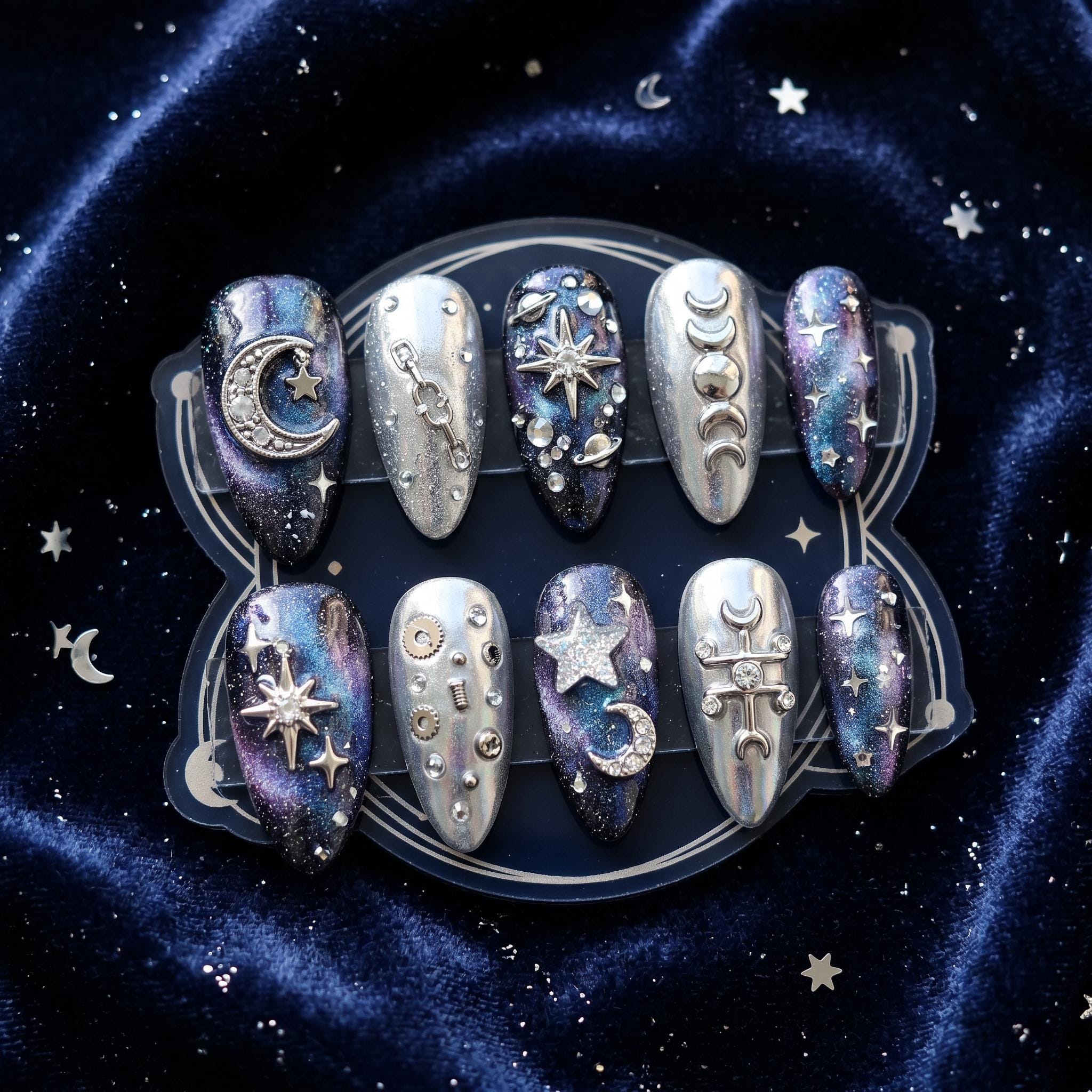 Luxury Galaxy Celestial Press on Nails | 3D Silver Moon & Star Steampunk Nails | Dark Blue Cat Eye Astrology Fake Nails 
